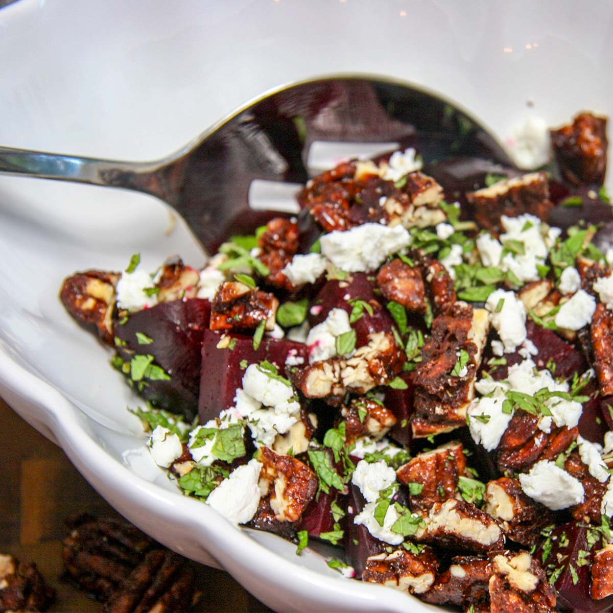 Roasted Beets with Candied Pecans, Goat Cheese, and Mint