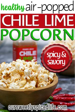 air popped healthy chile lime flavored popcorn in wooden bowl with chiles