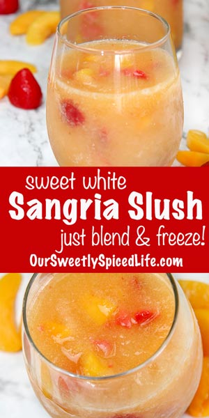 two closeup pictures of a glass of white wine sangria slush