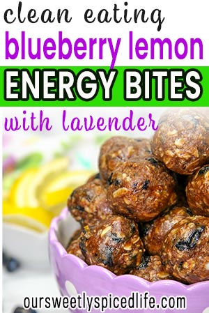 clean eating blueberry lemon energy bites with lavender in bowl