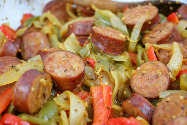 closeup of cajun skillet sausage and peppers